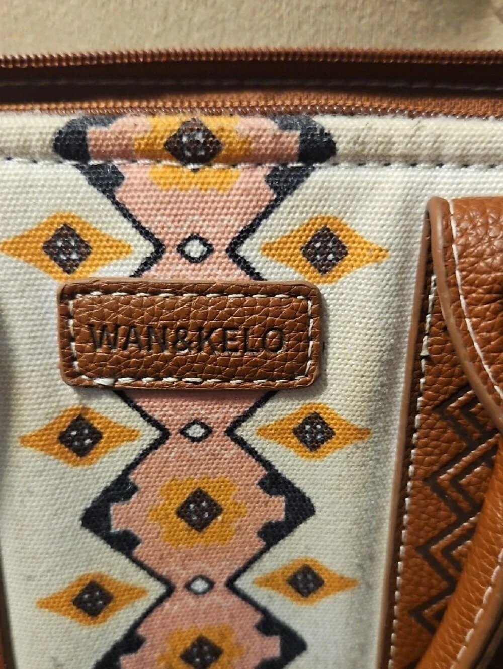 Aztec-Print Brown & Cream Satchel with Pink Accents